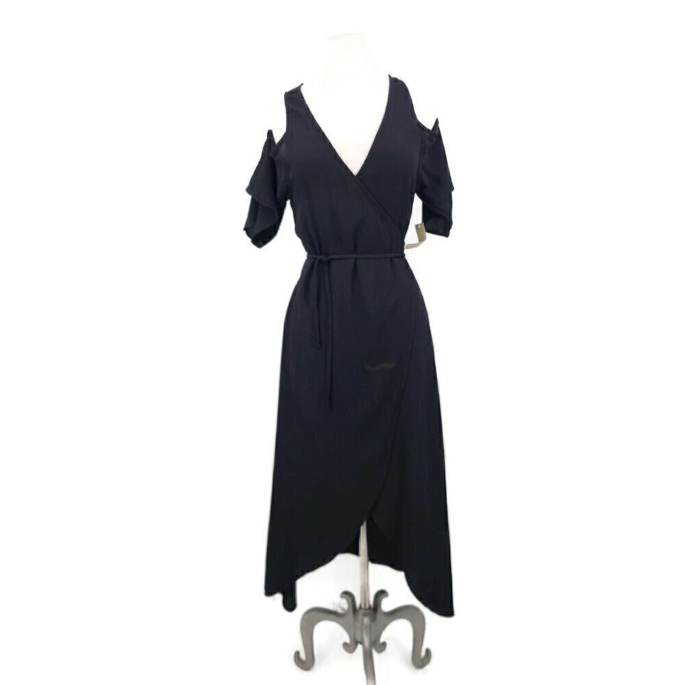 New Flynn Skye Devon Dress Womens XS Solid Black Wrap Cold Shoulder - Picture 2 of 9